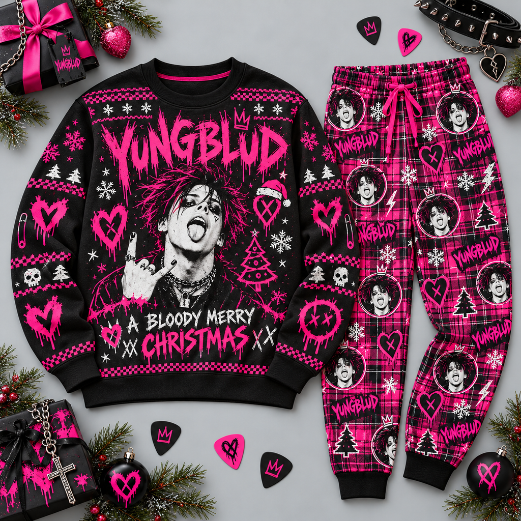 Yungblud Bloody Merry Christmas Pink Hearts Black Sweater and Jogger Pants Set NDN 1