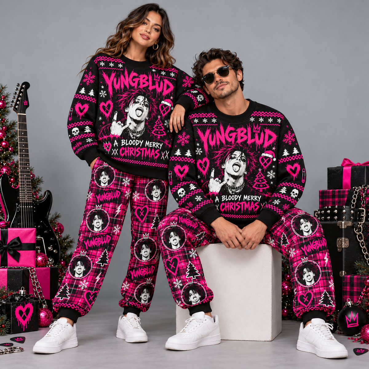 Yungblud Bloody Merry Christmas Pink Hearts Black Sweater and Jogger Pants Set NDN 2