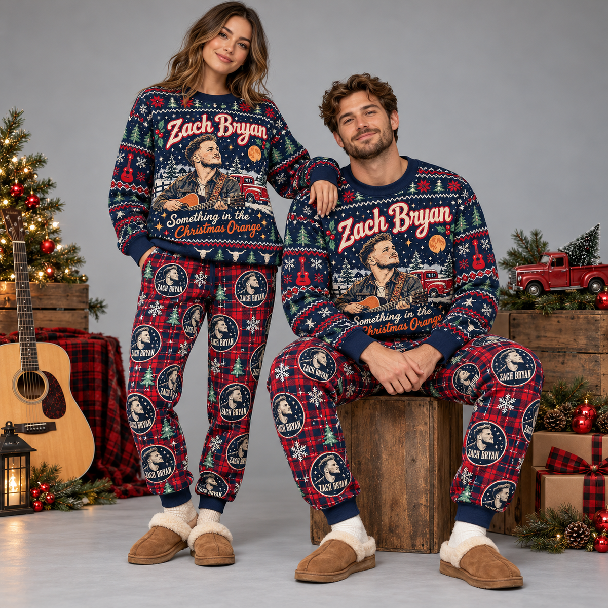 Zach Bryan Christmas Orange Navy Country Festive Graphic Sweater and Jogger Pants Set NDN 2