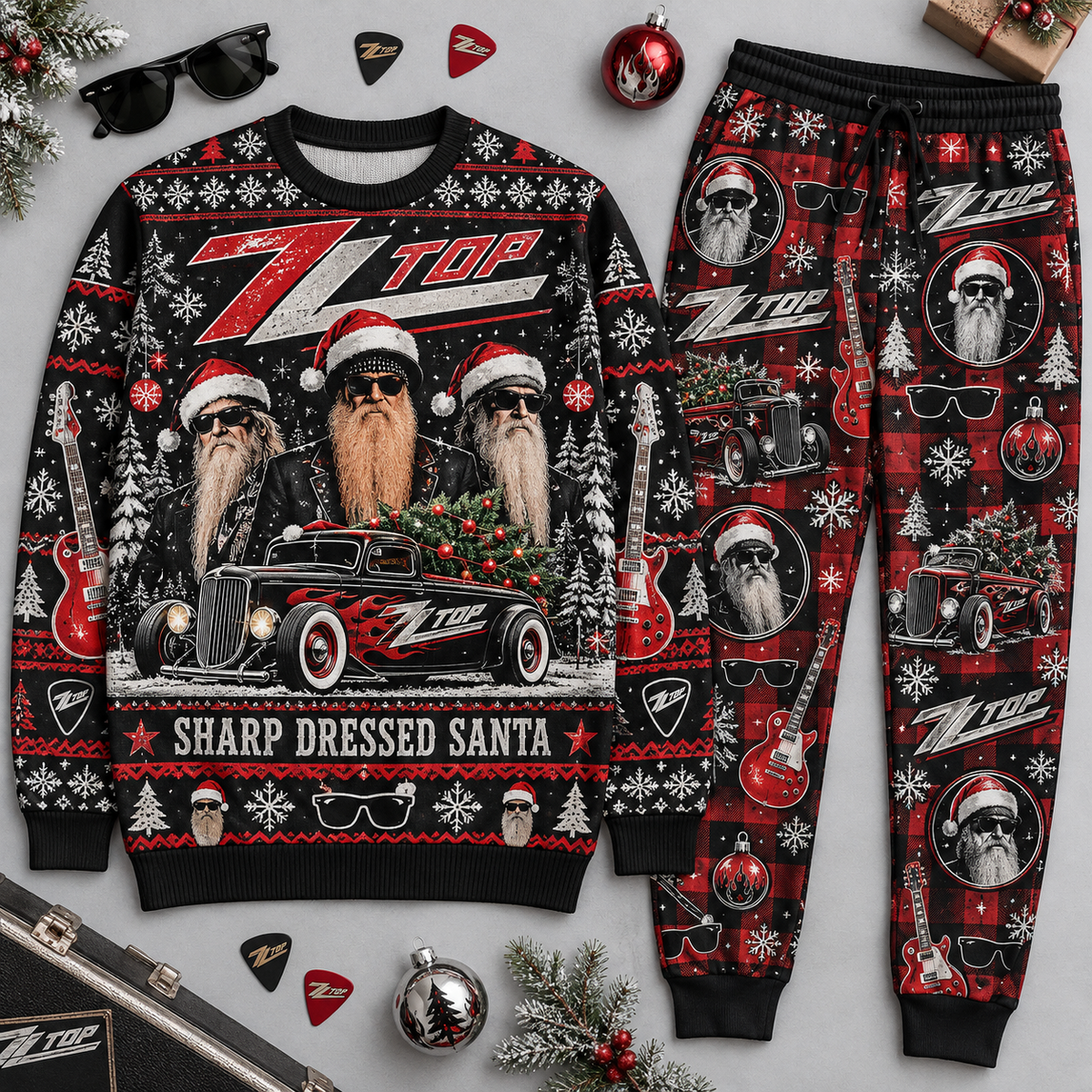 ZZ Top Sharp Dressed Santa Christmas Sweater and Jogger Pants Set Festive Rock NDN 1