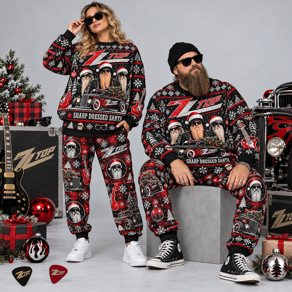 ZZ Top Sharp Dressed Santa Christmas Sweater and Jogger Pants Set Festive Rock NDN 2